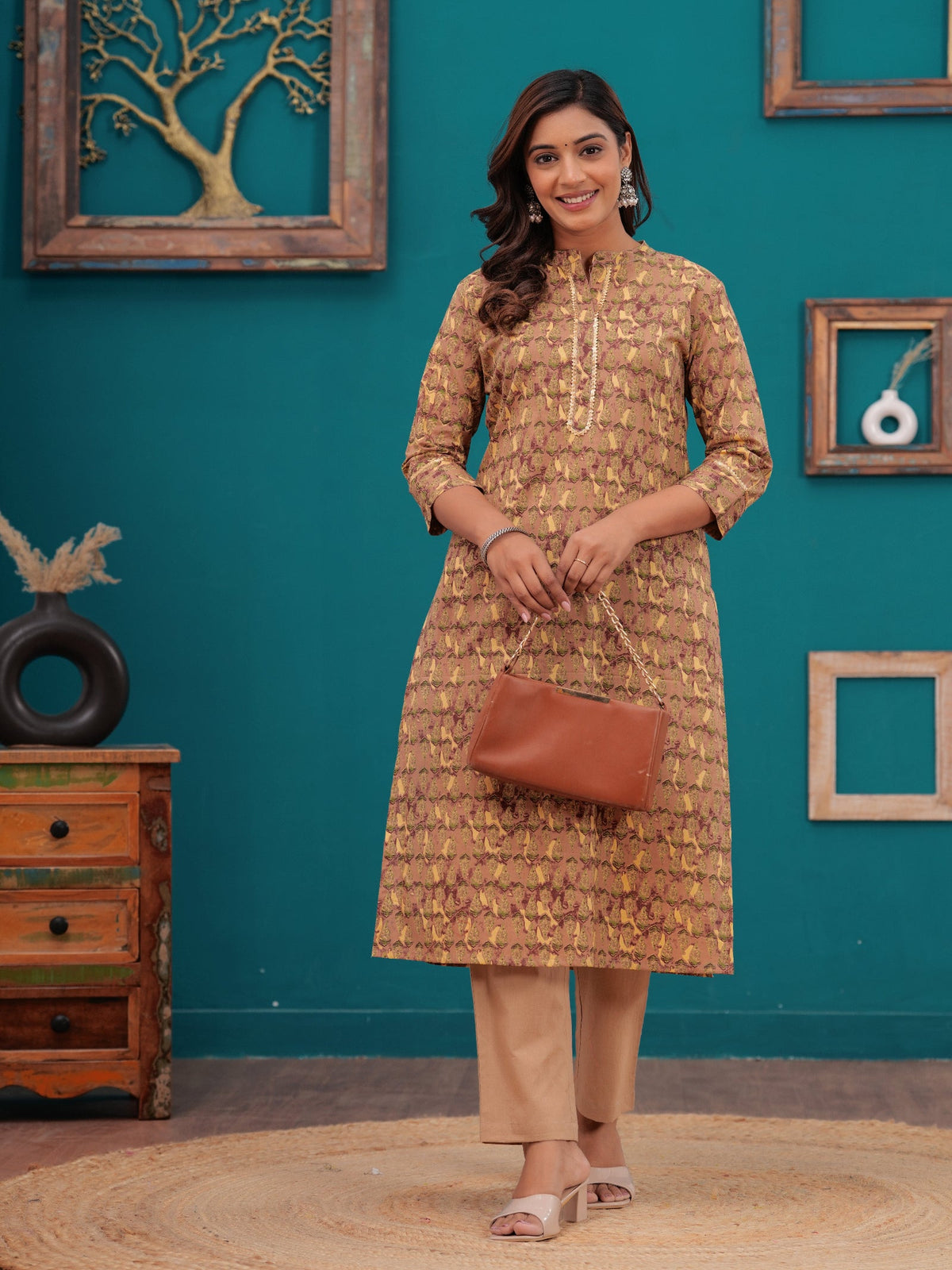 Rangvastra Beige Floral Print Cotton Kurta Pant Set with Gotta Patti