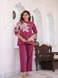 Rangvastra Dark Pink Cotton Flex Solid Floral Embroidery Co-Ord Set