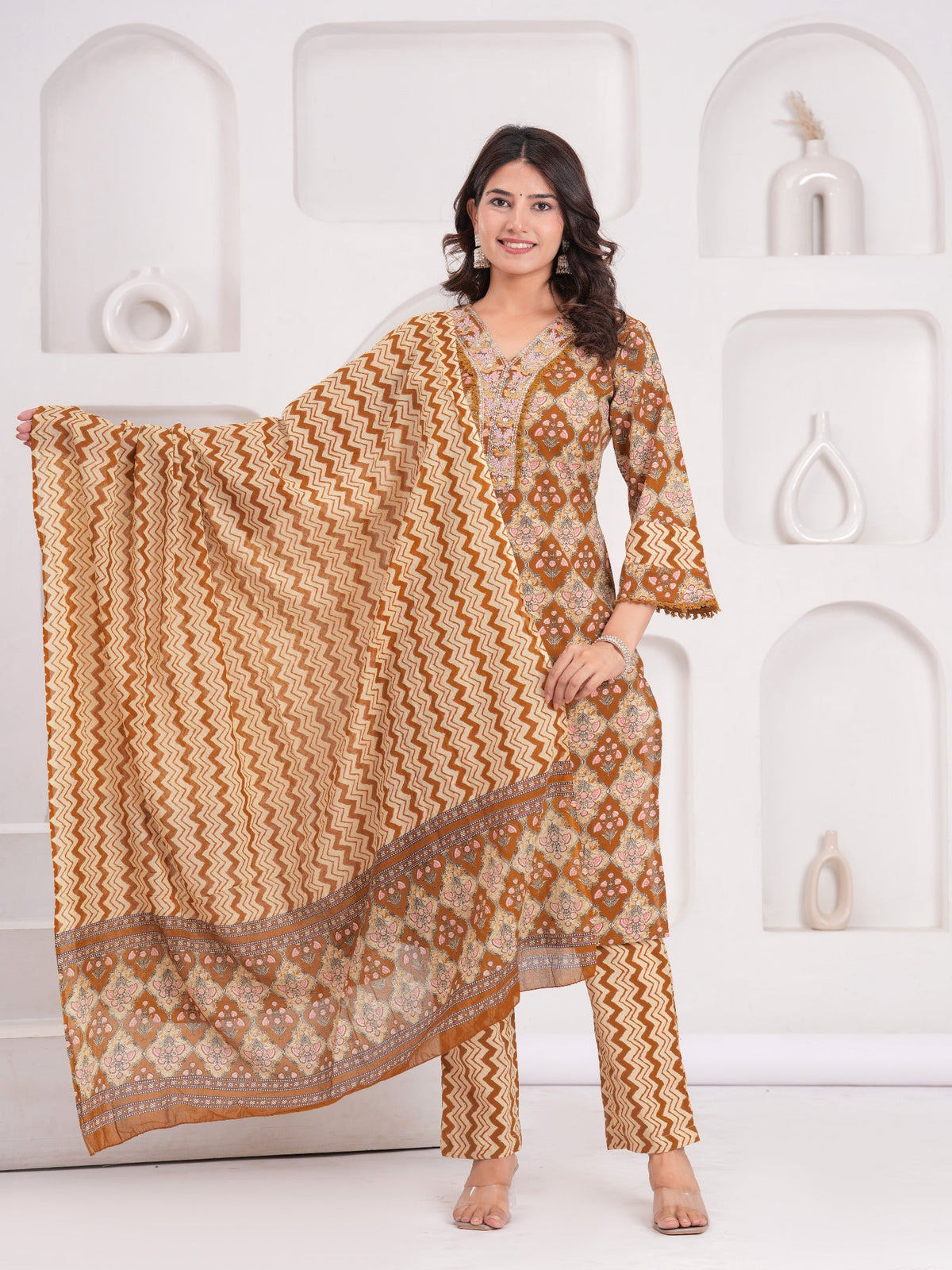Rangvastra  Mustard Cotton Printed Kurta Pant Dupatta Set