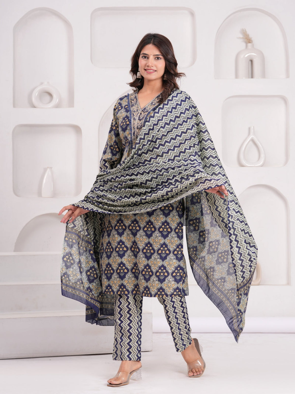 Rangvastra Navy Cotton Printed Kurta Pant Dupatta Set