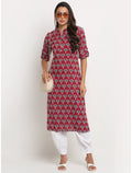 Rangvastra Maroon Rayon Floral Print Kurta with Short Sleeve & Mandarin Collar