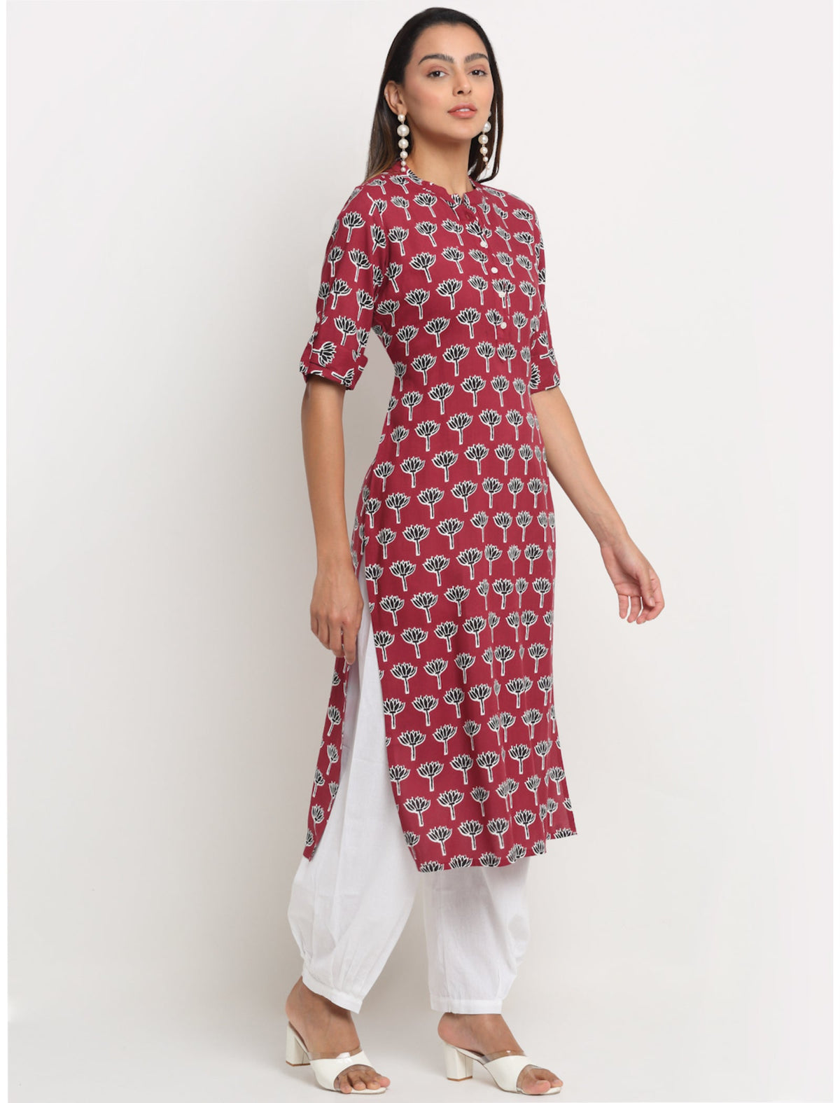 Rangvastra Maroon Rayon Floral Print Kurta with Short Sleeve & Mandarin Collar