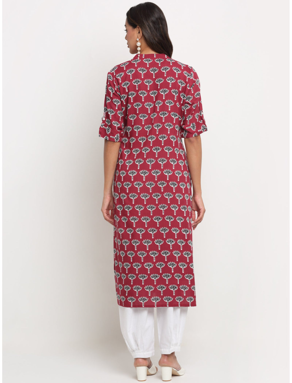 Rangvastra Maroon Rayon Floral Print Kurta with Short Sleeve & Mandarin Collar