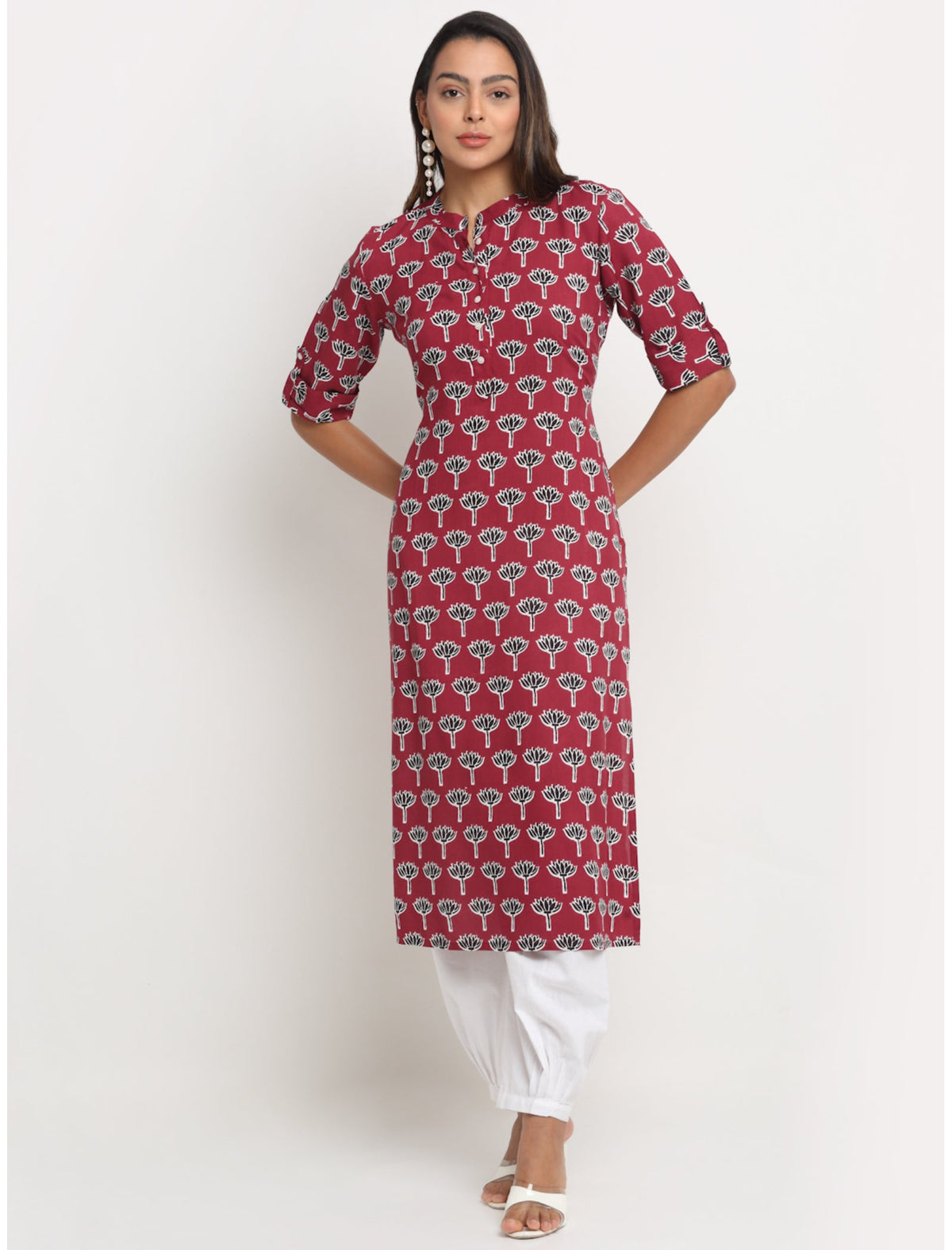 Rangvastra Maroon Rayon Floral Print Kurta with Short Sleeve & Mandarin Collar
