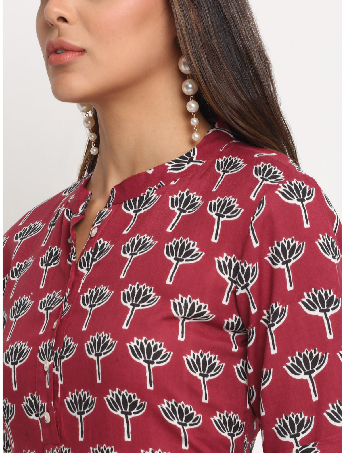 Rangvastra Maroon Rayon Floral Print Kurta with Short Sleeve & Mandarin Collar