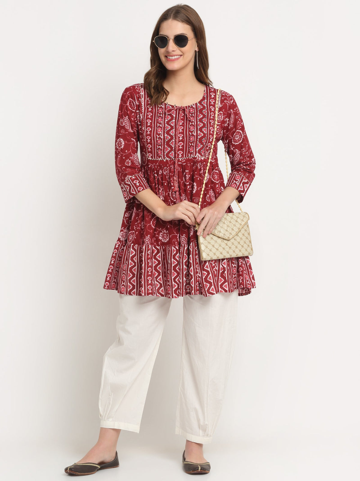 Rangvastra  Blue & Maroon Floral Cotton Tunic with Sequins & Tassels