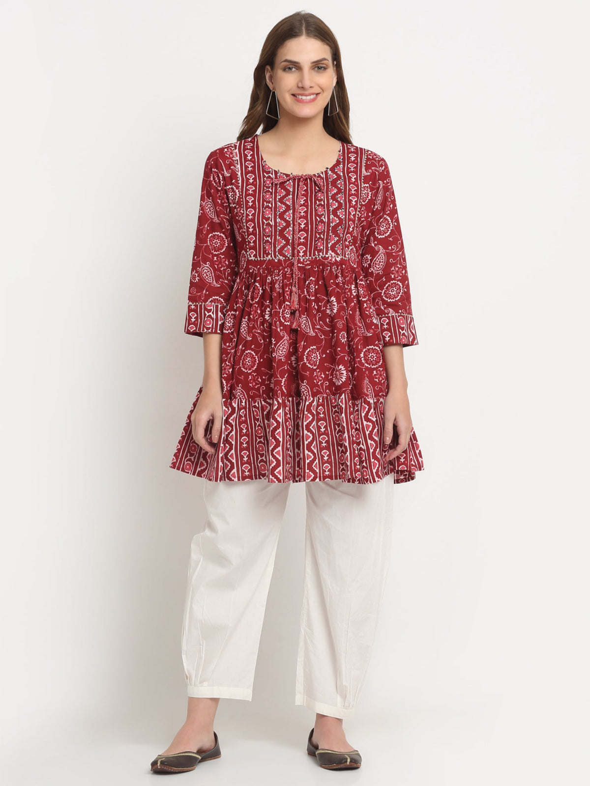 Rangvastra  Blue & Maroon Floral Cotton Tunic with Sequins & Tassels