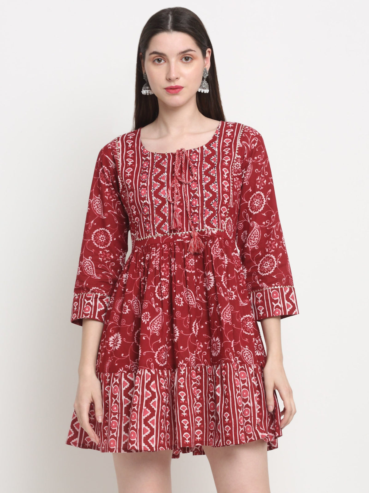 Rangvastra  Blue & Maroon Floral Cotton Tunic with Sequins & Tassels