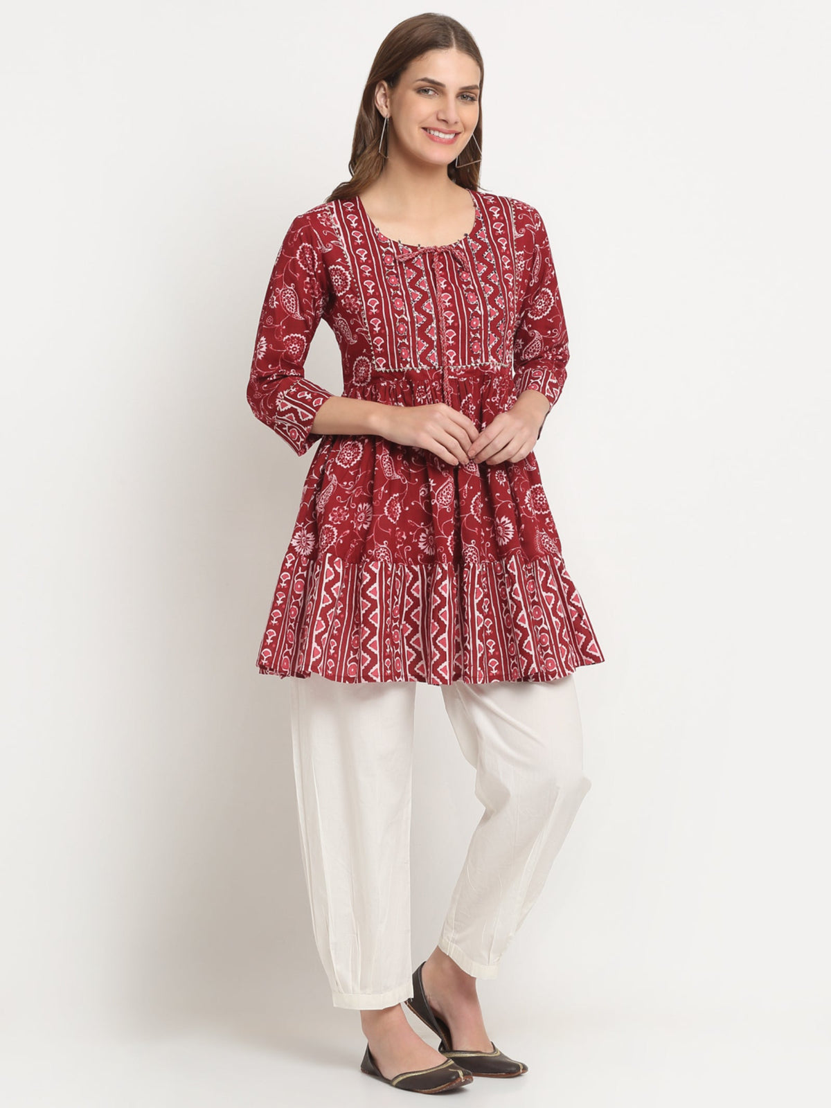Rangvastra  Blue & Maroon Floral Cotton Tunic with Sequins & Tassels