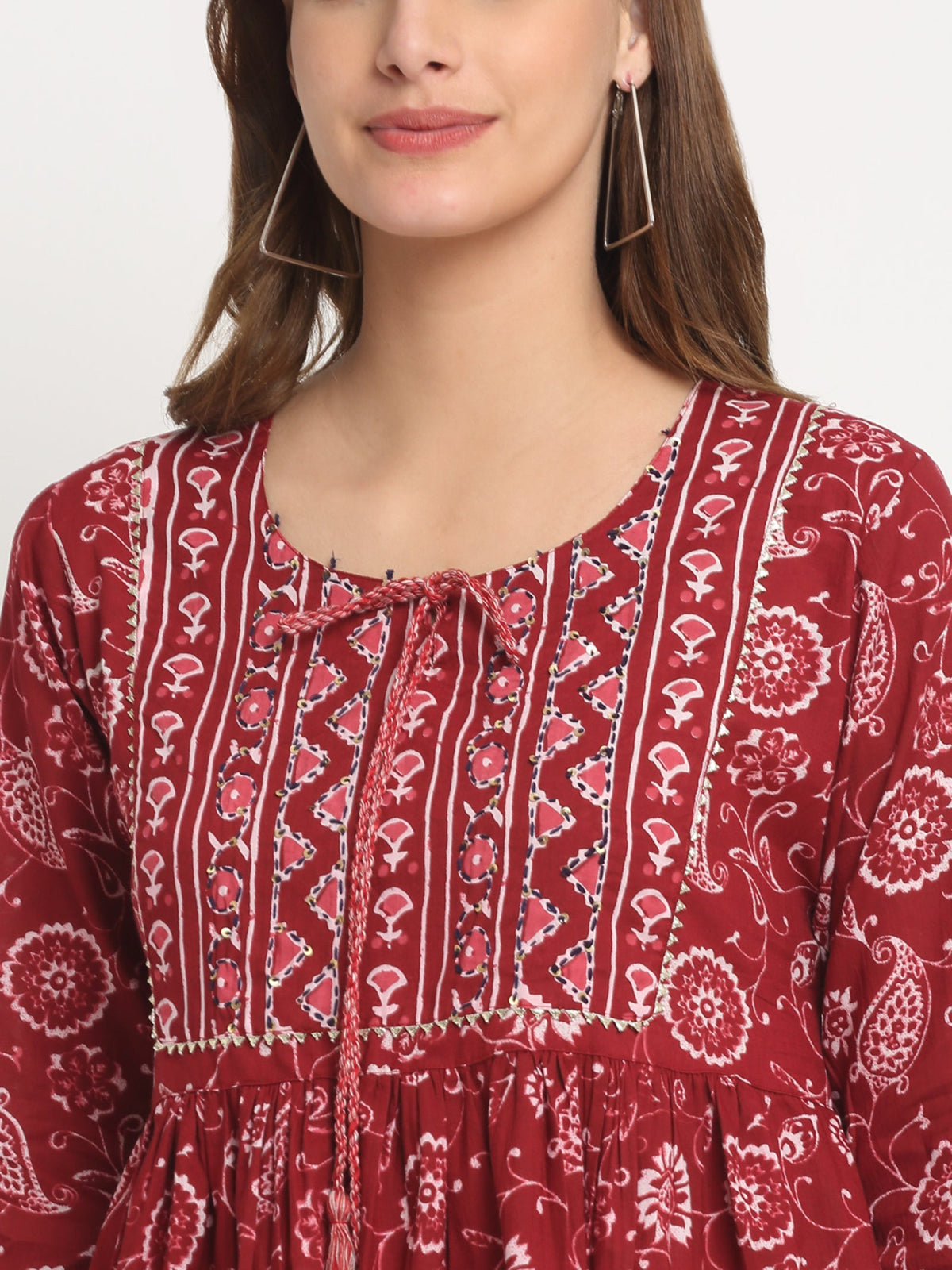 Rangvastra  Blue & Maroon Floral Cotton Tunic with Sequins & Tassels
