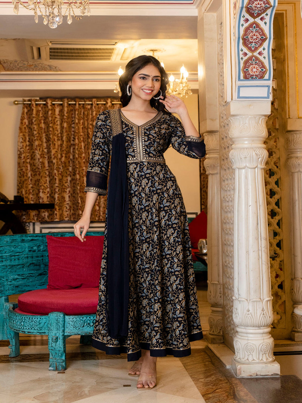 Rangvastra  Rayon Foil Floral Print Gown With Dupatta Set