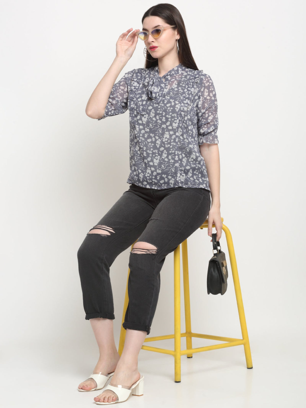 Rangvastra  Grey Floral Georgette Top with Mandarin Collar