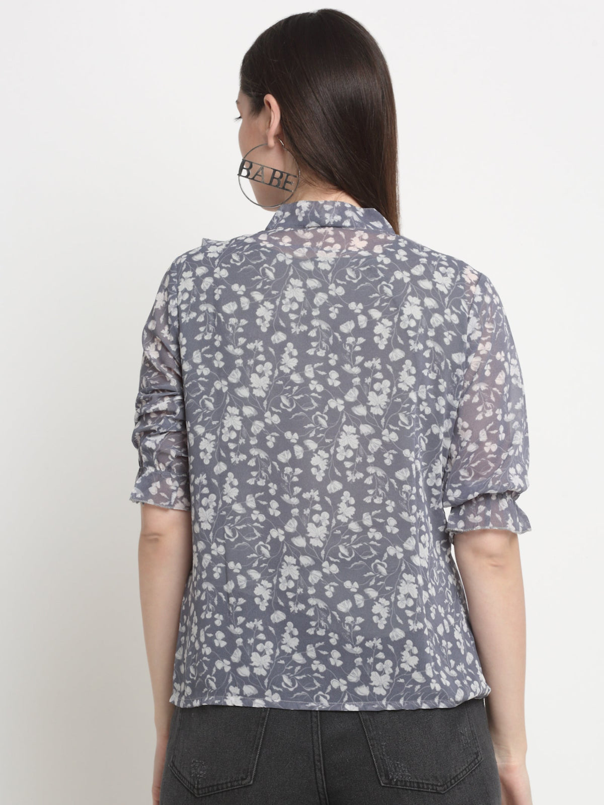 Rangvastra  Grey Floral Georgette Top with Mandarin Collar