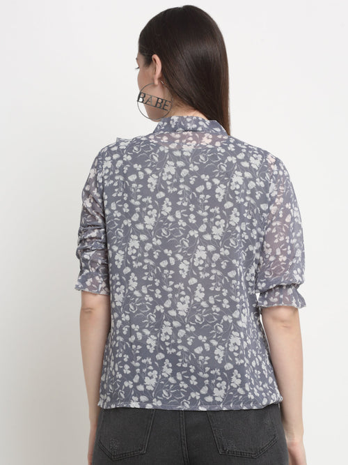Rangvastra  Grey Floral Georgette Top with Mandarin Collar