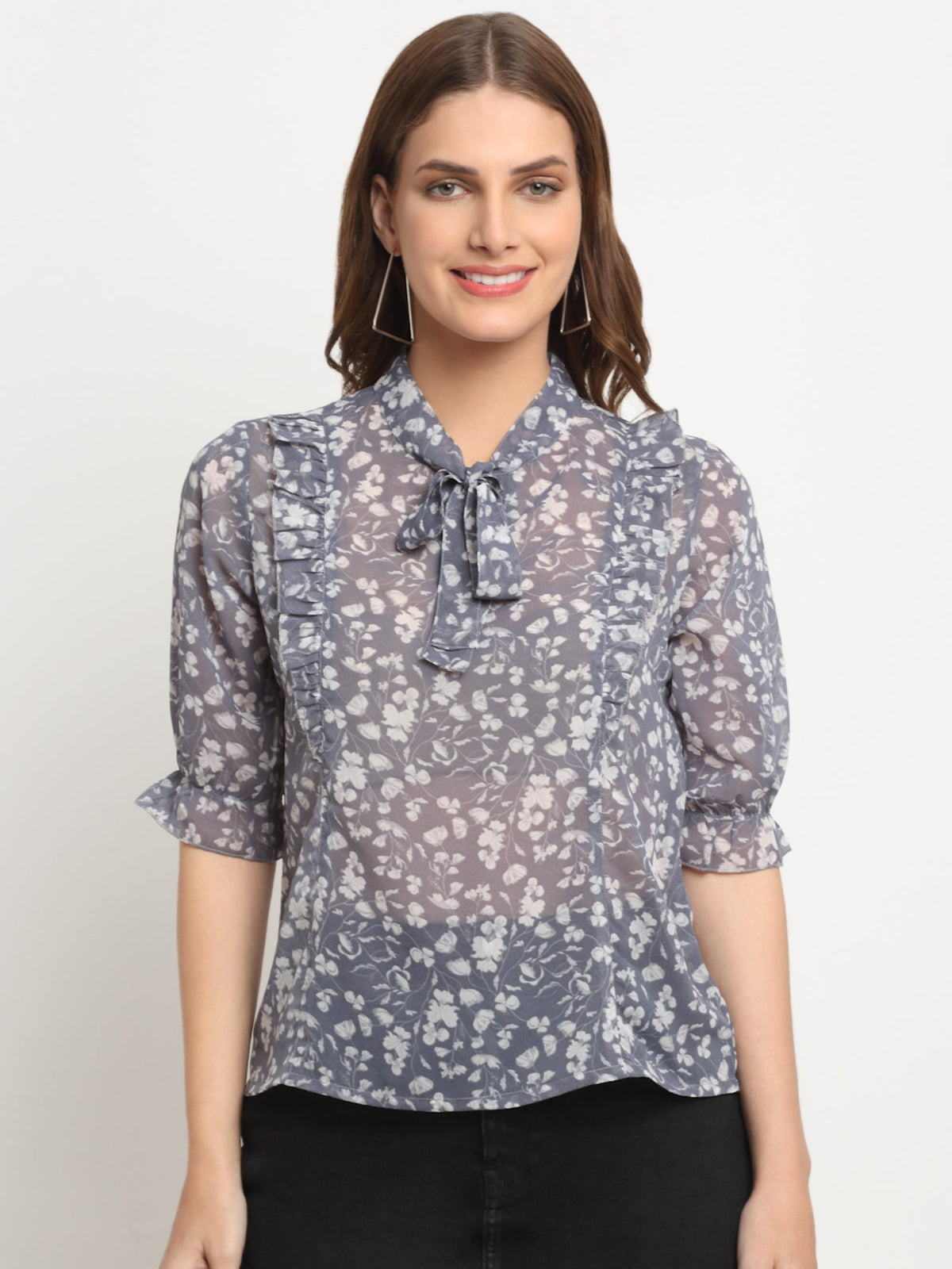 Rangvastra  Grey Floral Georgette Top with Mandarin Collar