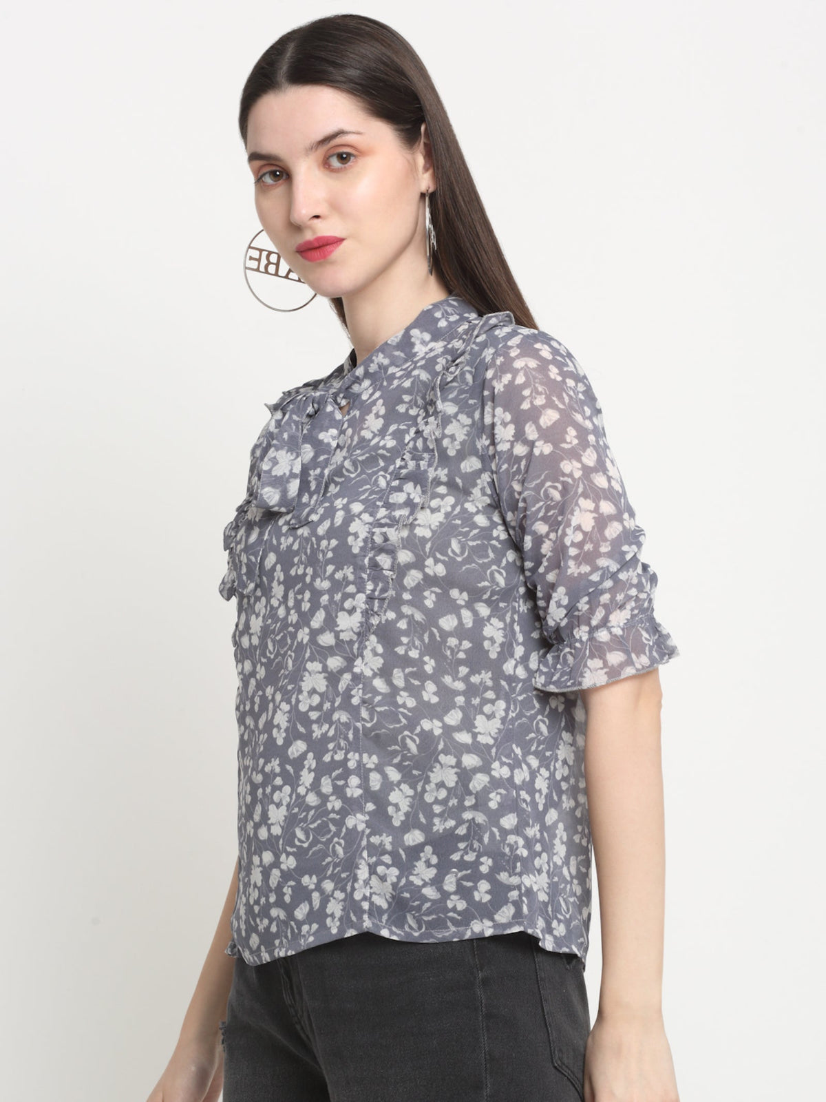 Rangvastra  Grey Floral Georgette Top with Mandarin Collar
