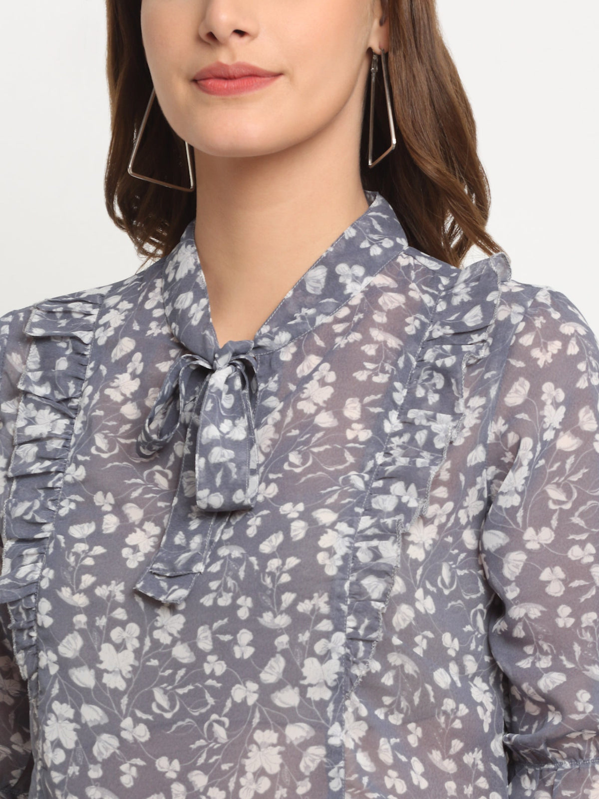 Rangvastra  Grey Floral Georgette Top with Mandarin Collar