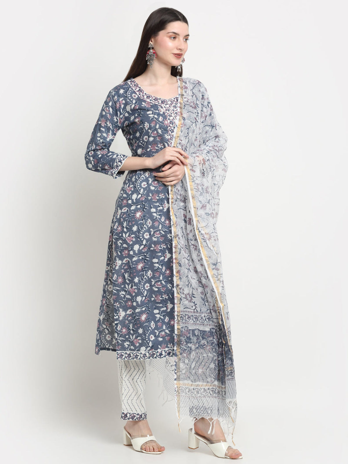 Rangvastra Cotton Blue Hand Block Floral Printed Kurta set
