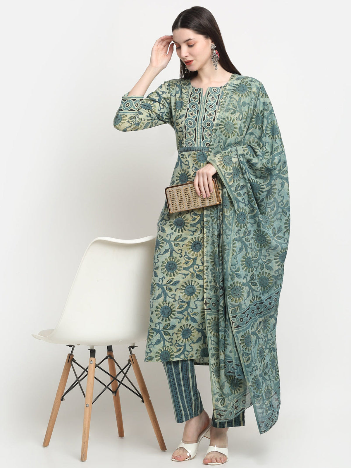 Rangvastra Cotton Green Hand Block Floral Printed Kurta Set
