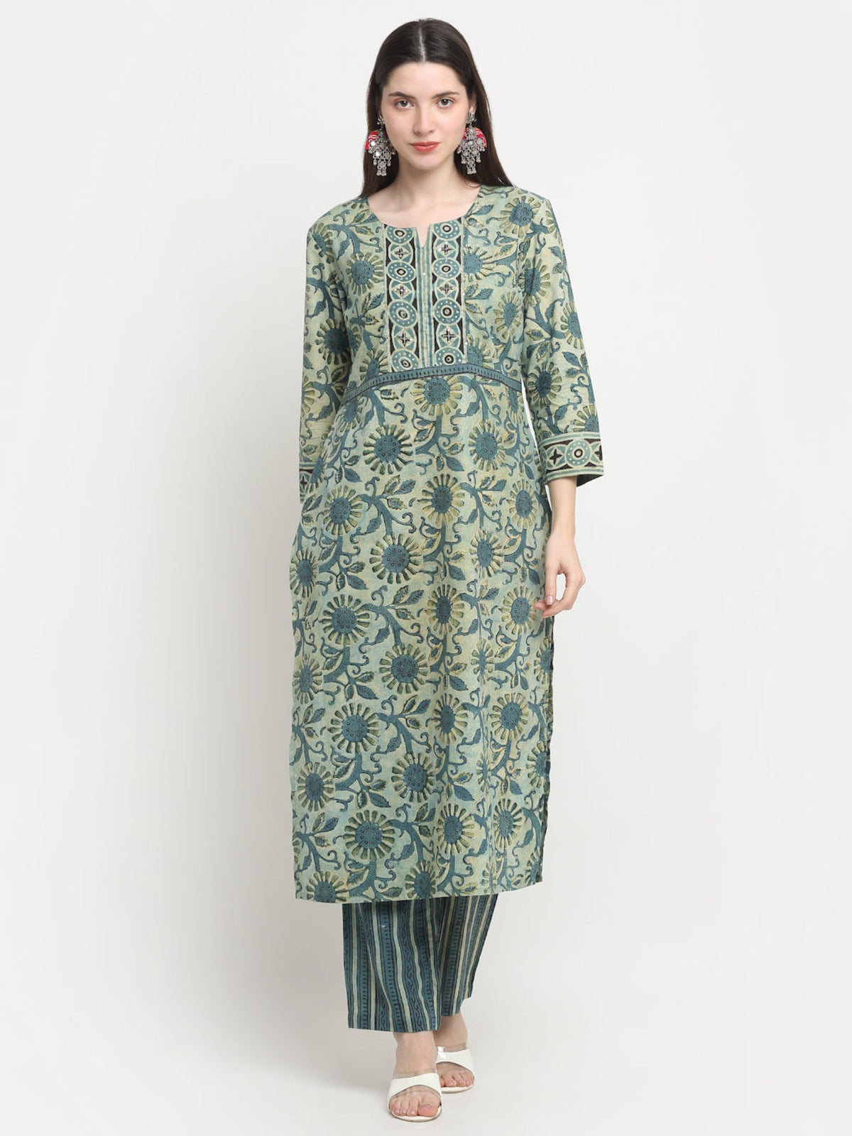 Rangvastra Cotton Green Hand Block Floral Printed Kurta Set