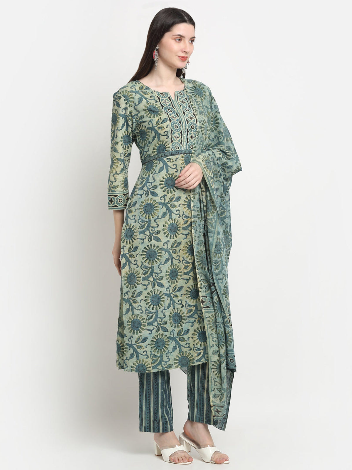 Rangvastra Cotton Green Hand Block Floral Printed Kurta Set