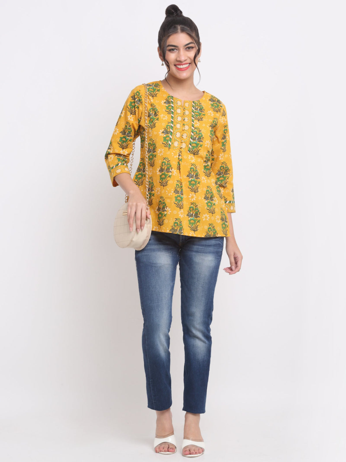 Rangvastra Yellow Floral Cotton Top with Pom-Pom Buttons