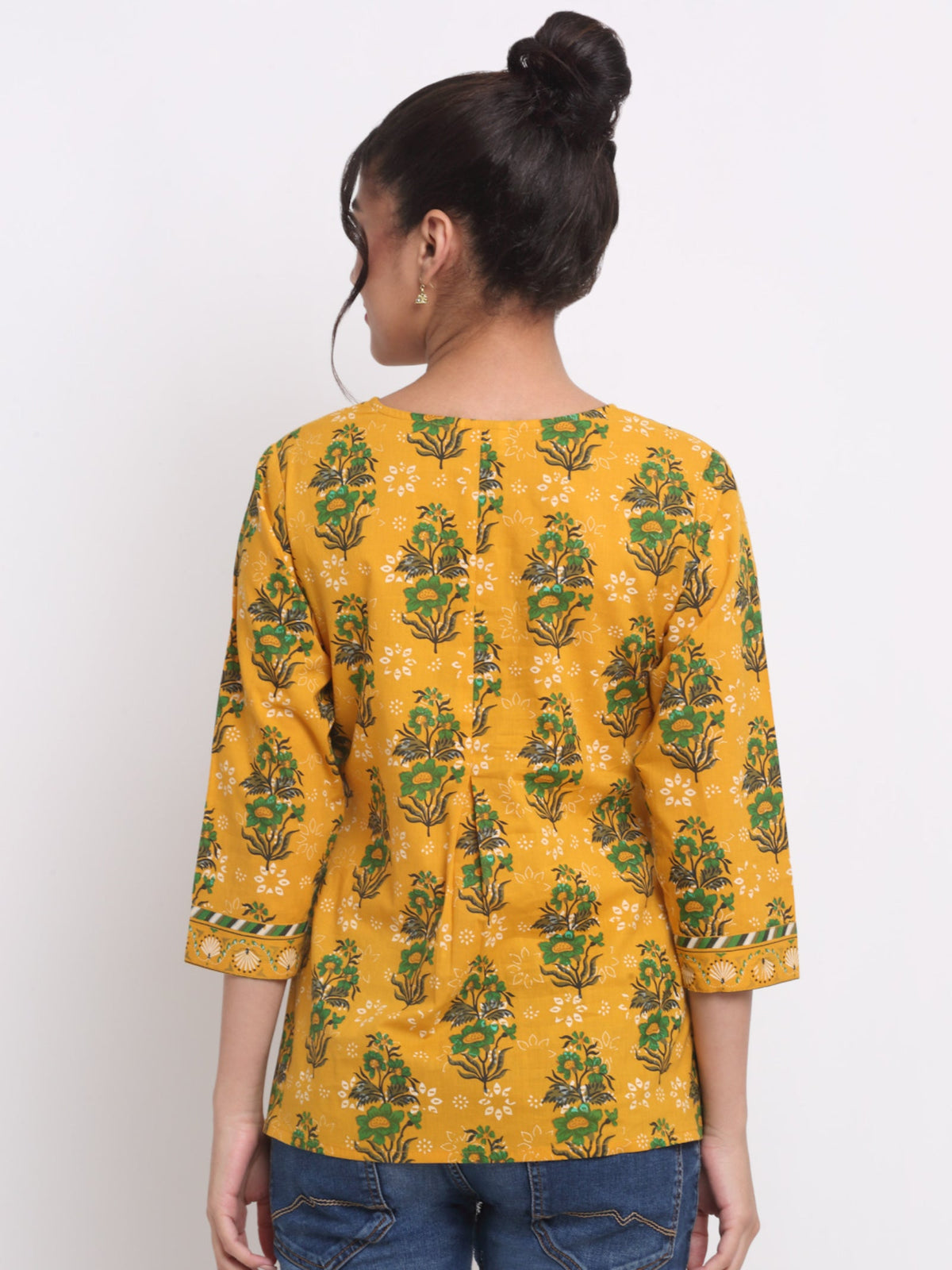 Rangvastra Yellow Floral Cotton Top with Pom-Pom Buttons