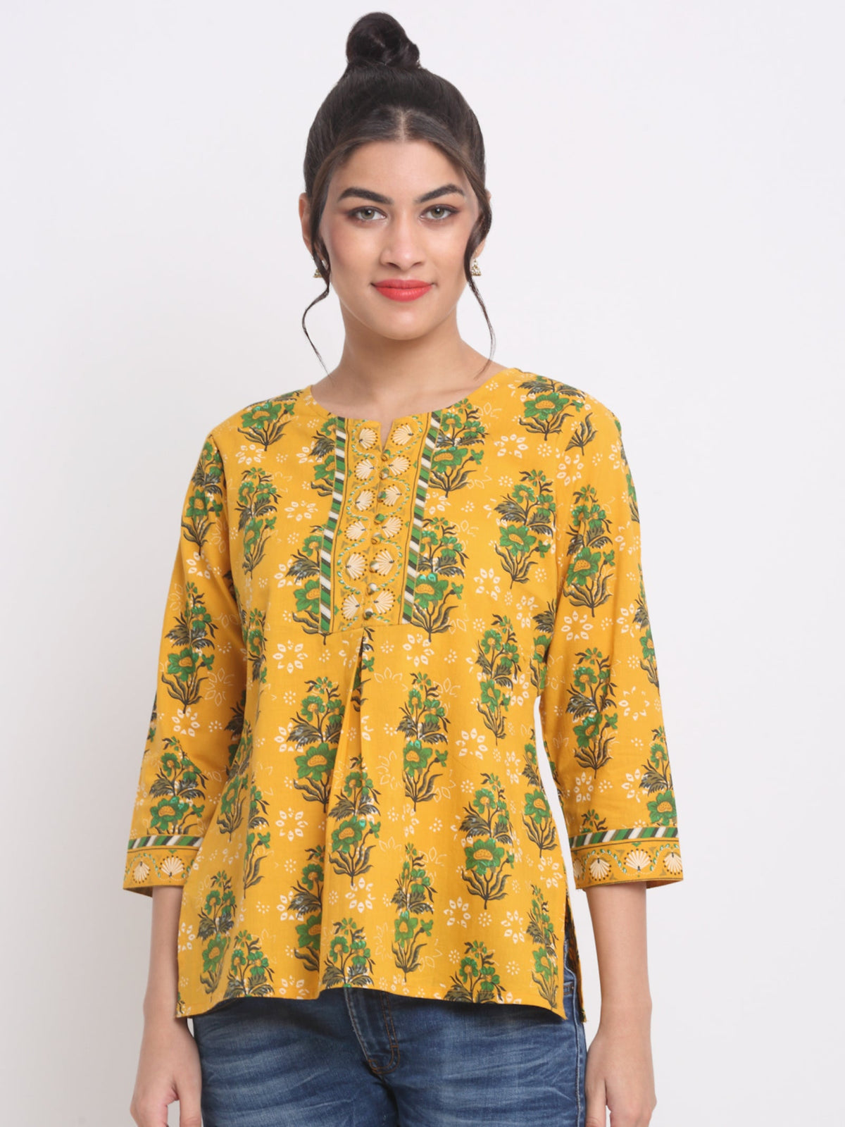 Rangvastra Yellow Floral Cotton Top with Pom-Pom Buttons