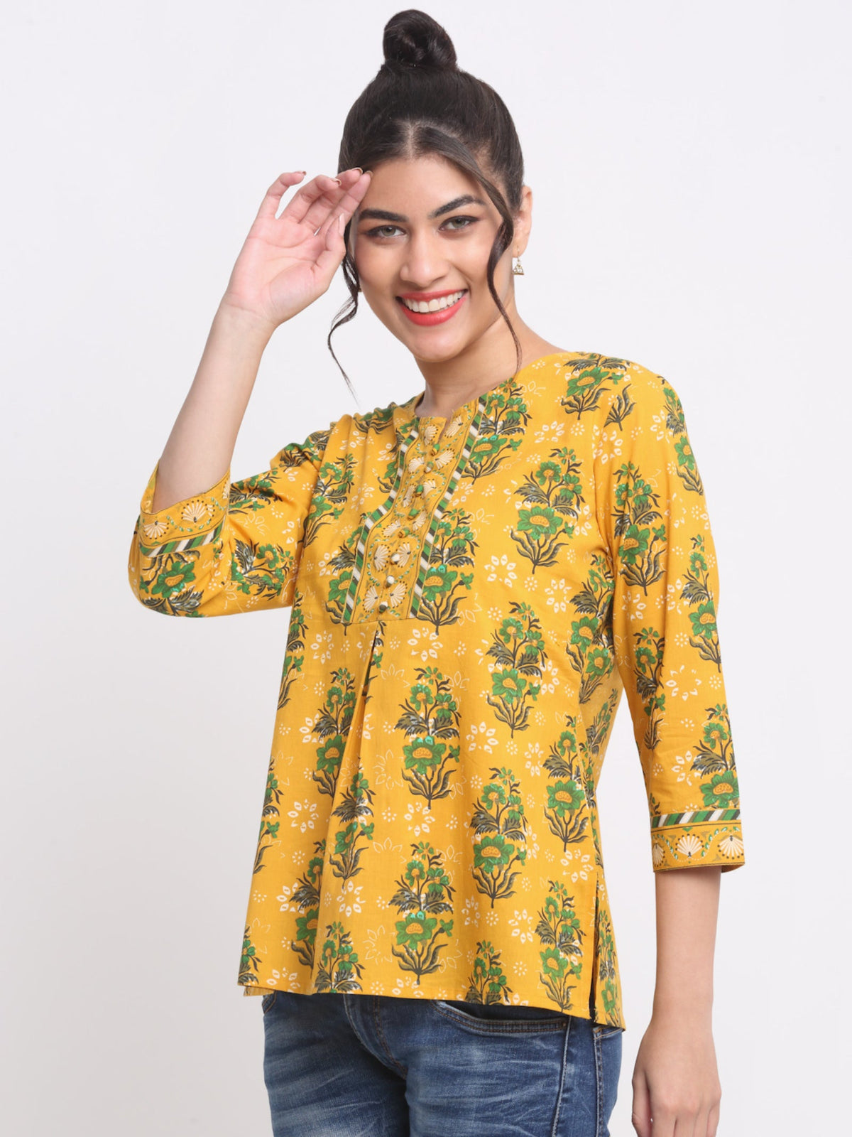 Rangvastra Yellow Floral Cotton Top with Pom-Pom Buttons