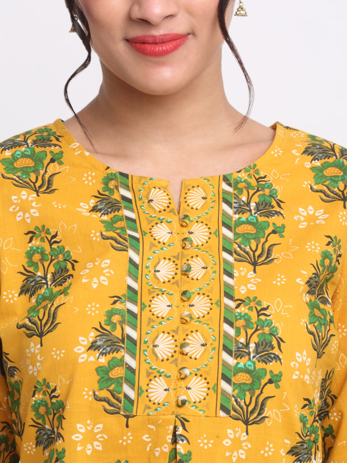 Rangvastra Yellow Floral Cotton Top with Pom-Pom Buttons