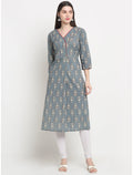 Maluka Women’s Grey/Green Cotton Floral Print Kurta with 3/4 Sleeve & Tagai Work