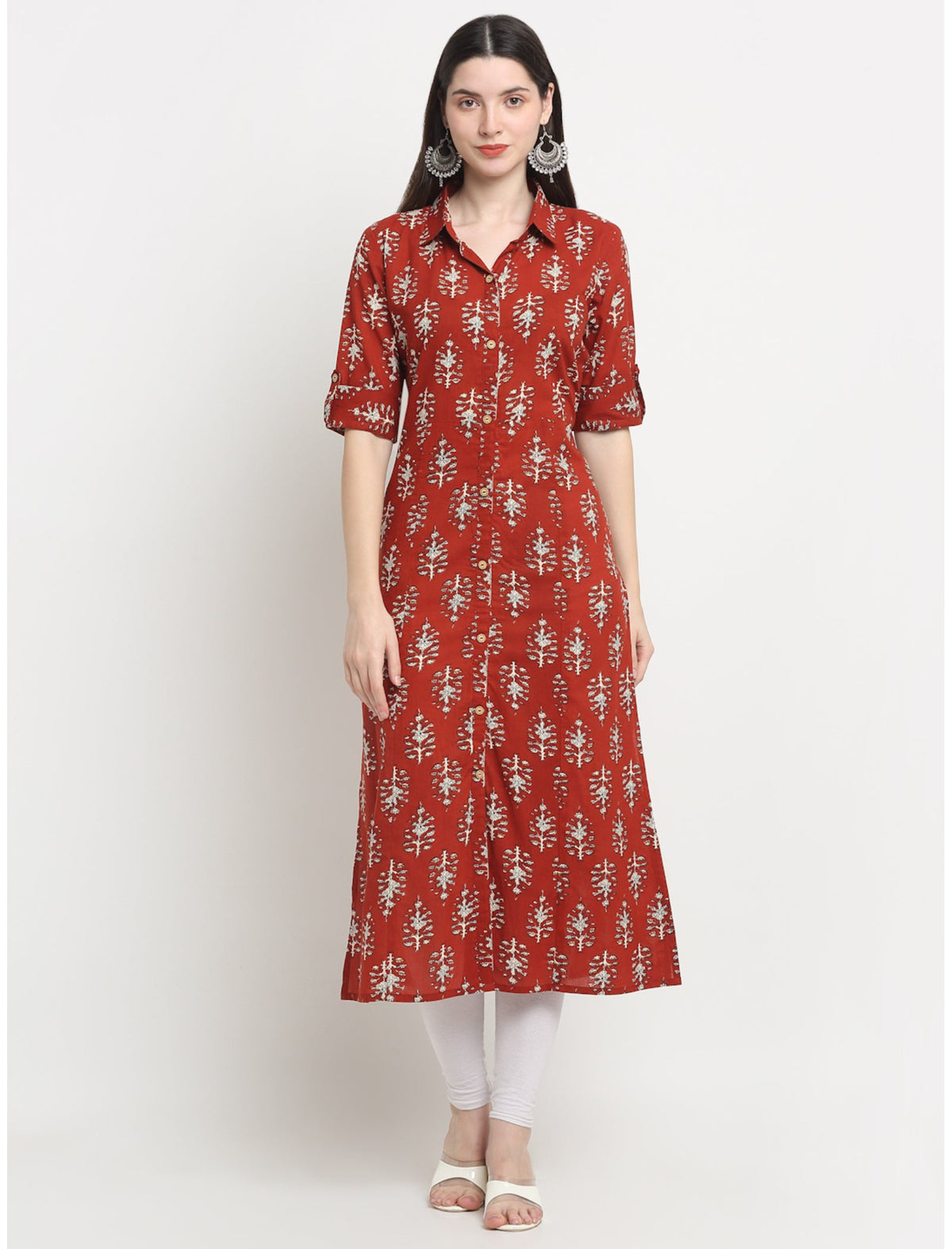 Rangvastra Maroon/Blue Cotton Floral Print Kurta with Short Sleeve & Speared Collar