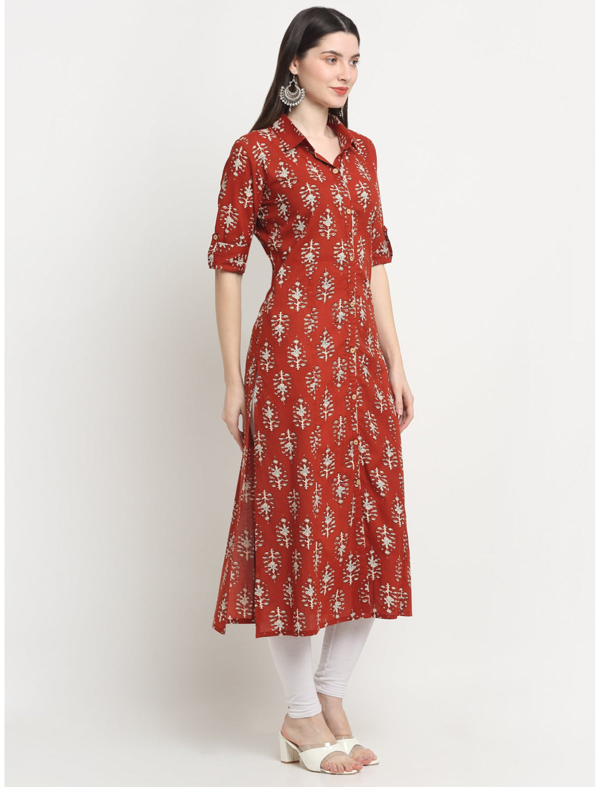 Rangvastra Maroon/Blue Cotton Floral Print Kurta with Short Sleeve & Speared Collar