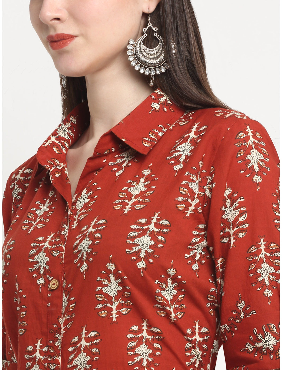Rangvastra Maroon/Blue Cotton Floral Print Kurta with Short Sleeve & Speared Collar