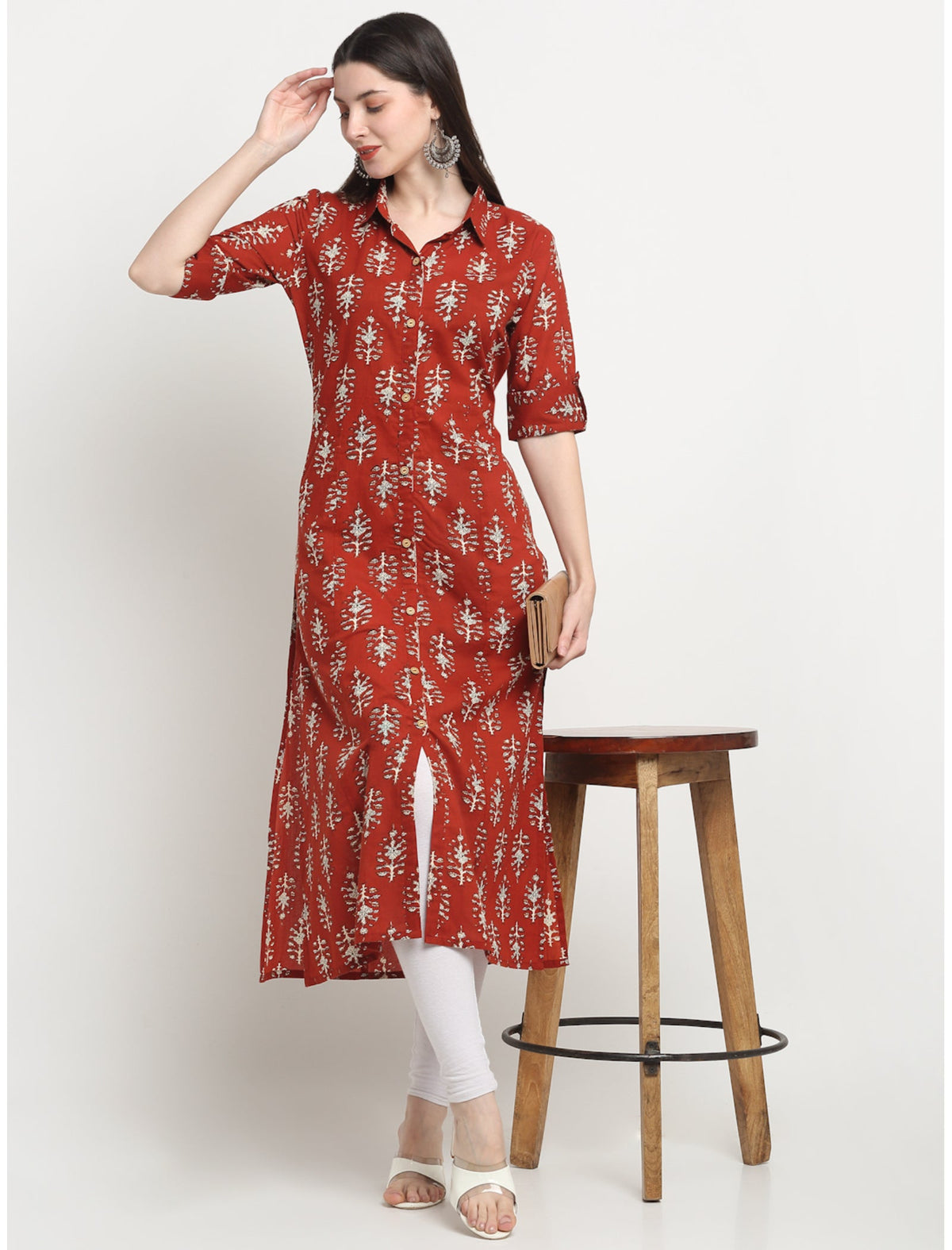 Rangvastra Maroon/Blue Cotton Floral Print Kurta with Short Sleeve & Speared Collar