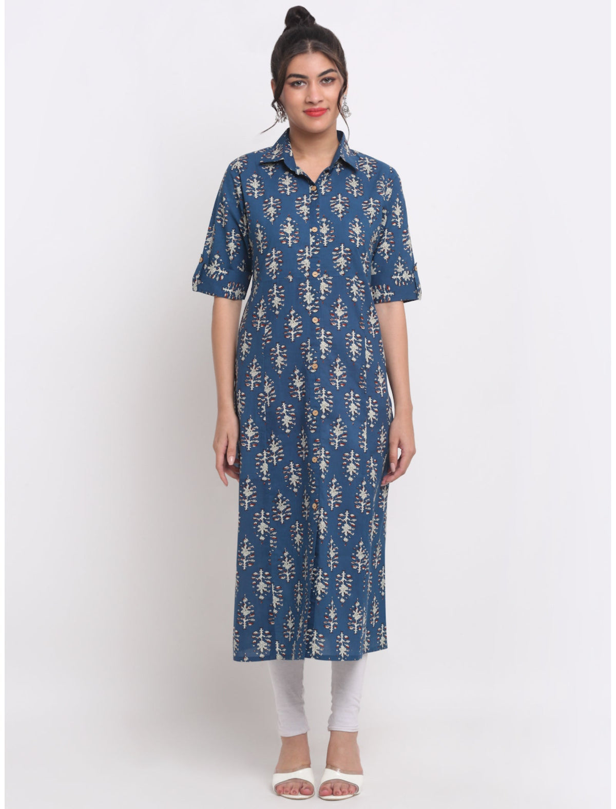 Rangvastra Maroon/Blue Cotton Floral Print Kurta with Short Sleeve & Speared Collar