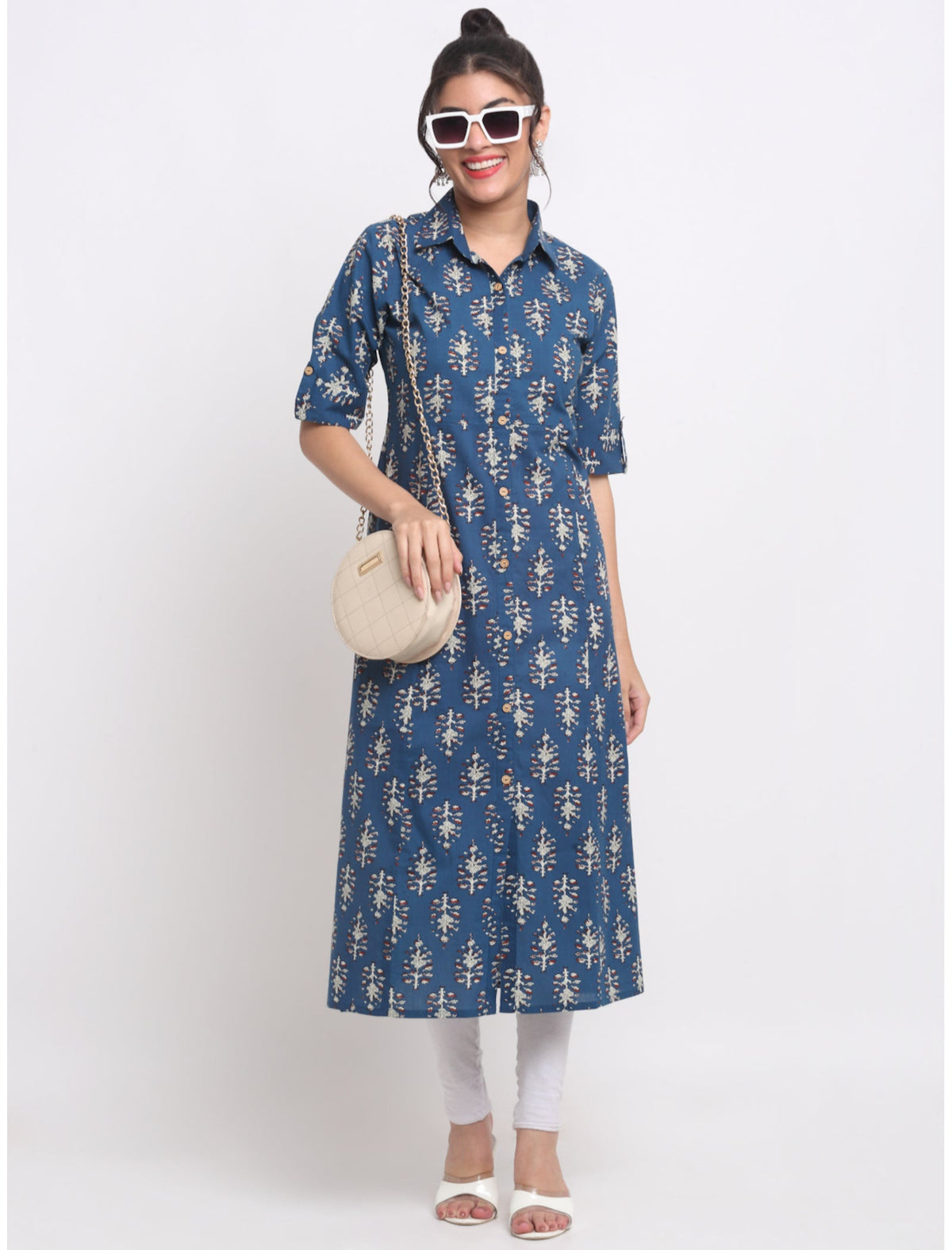 Rangvastra Maroon/Blue Cotton Floral Print Kurta with Short Sleeve & Speared Collar