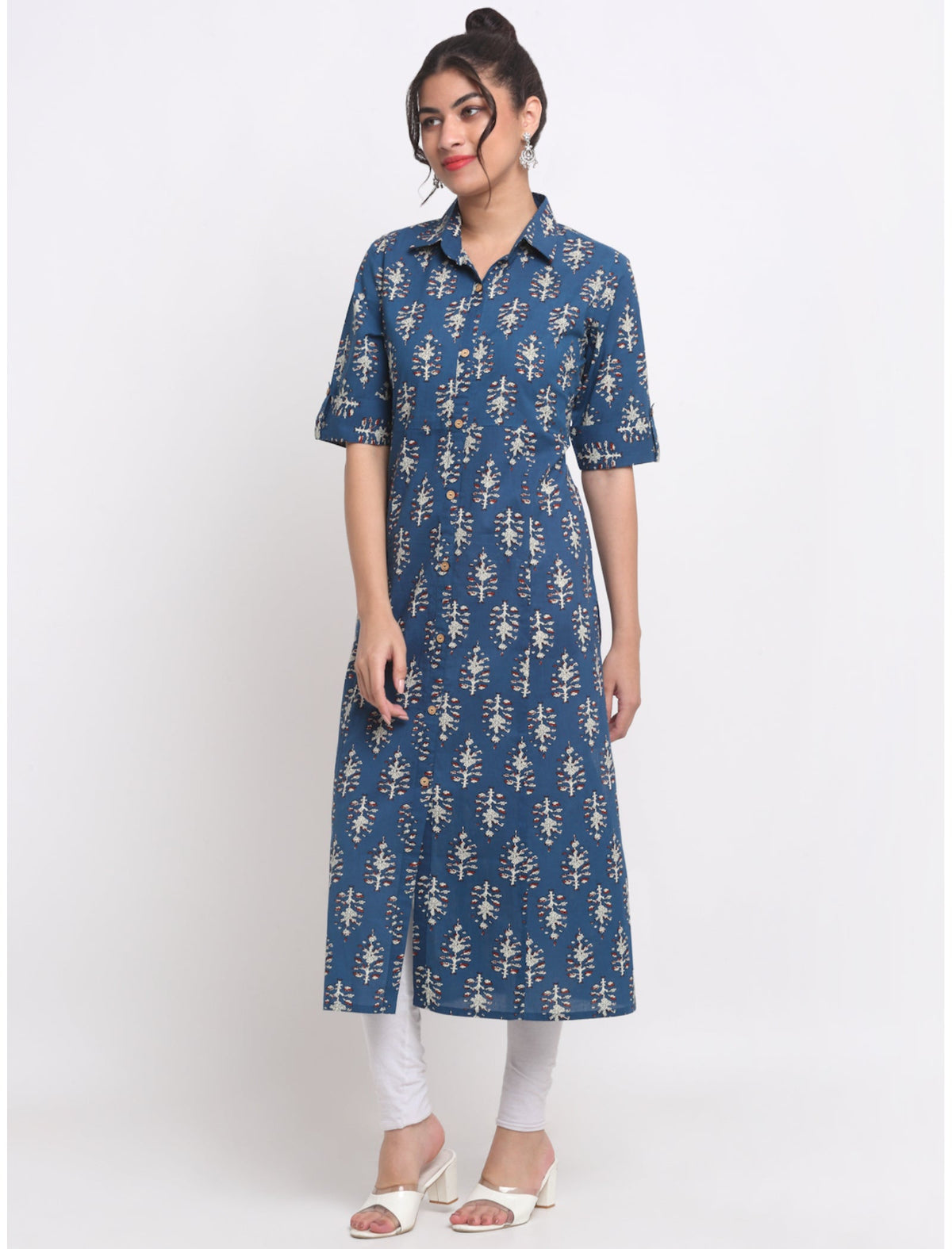 Rangvastra Maroon/Blue Cotton Floral Print Kurta with Short Sleeve & Speared Collar