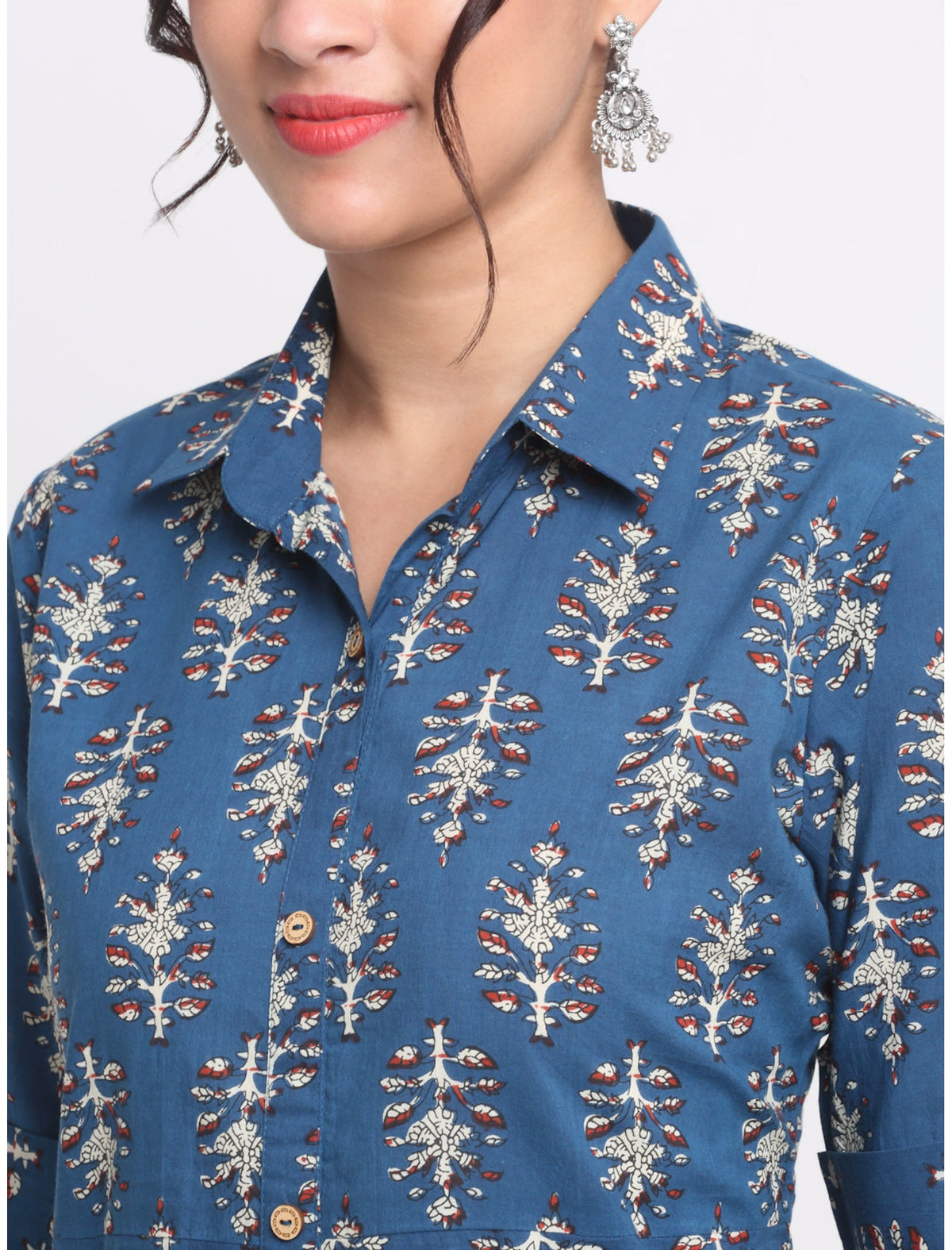Rangvastra Maroon/Blue Cotton Floral Print Kurta with Short Sleeve & Speared Collar