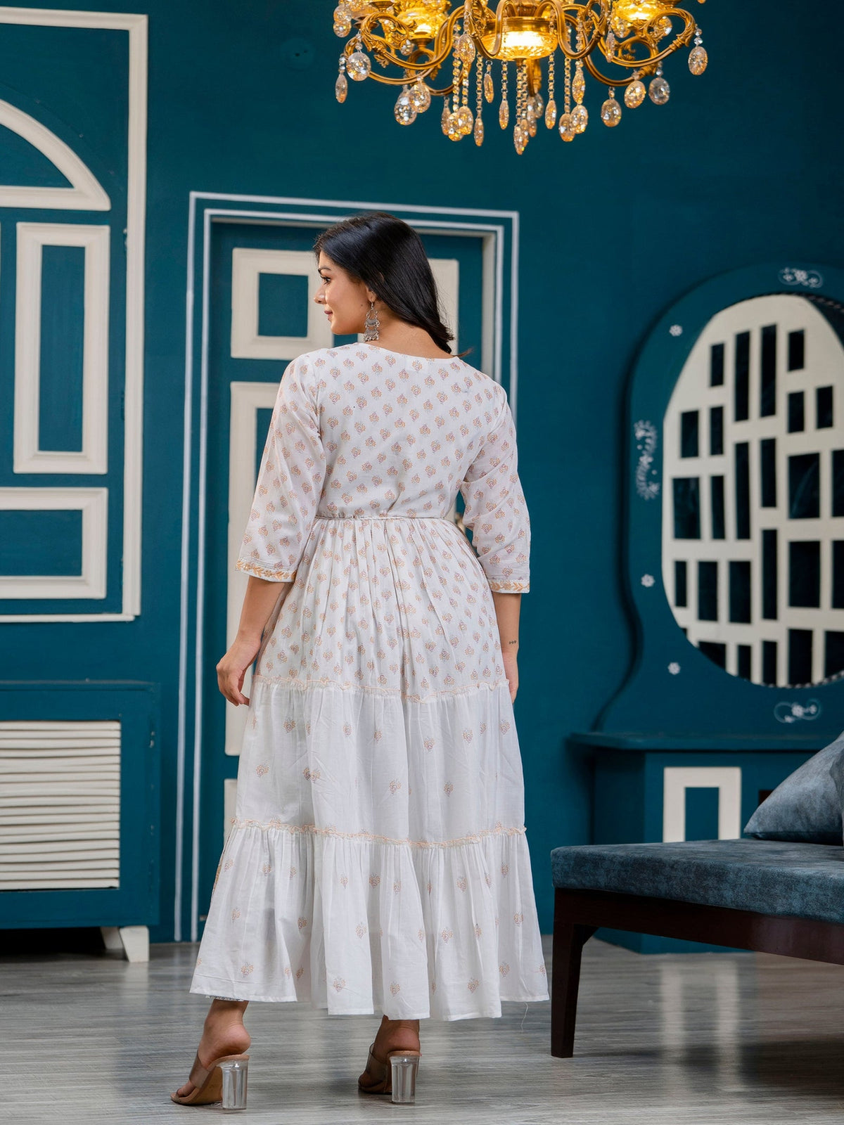Rangvastra Bronze Printed Malmal Long Gown