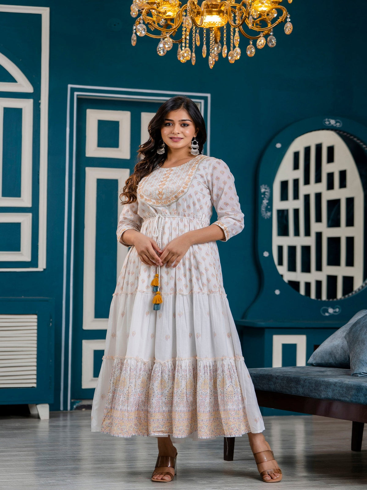 Rangvastra Bronze Printed Malmal Long Gown