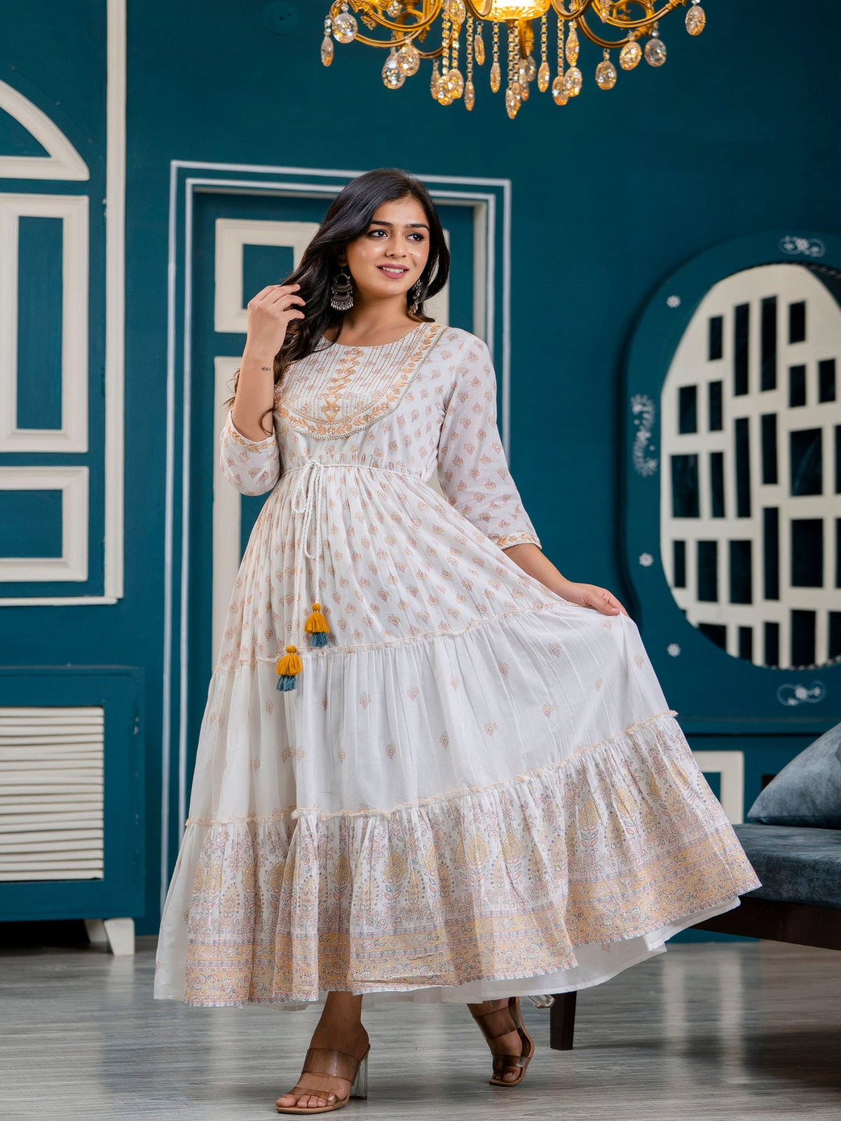 Rangvastra Bronze Printed Malmal Long Gown