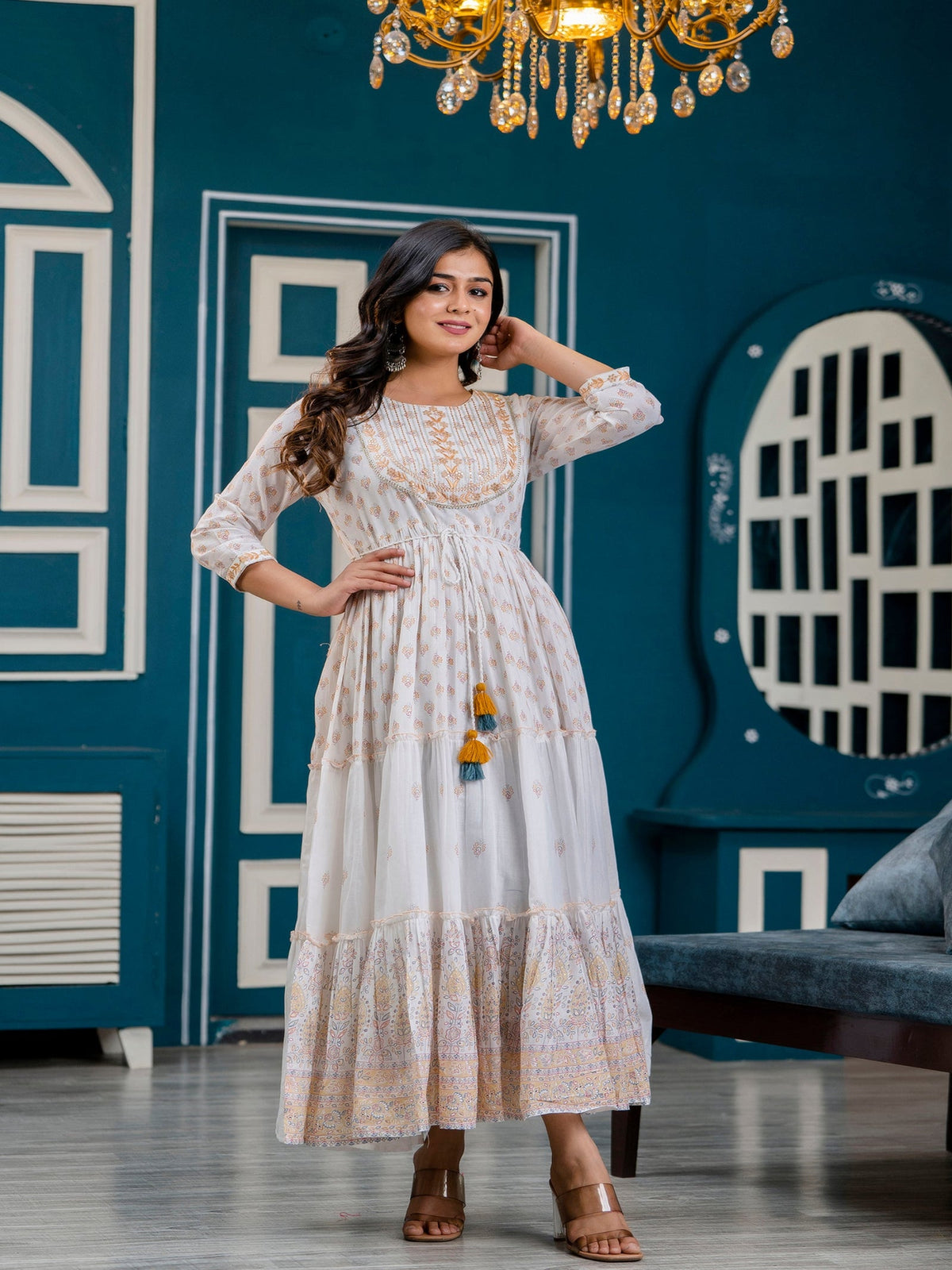 Rangvastra Bronze Printed Malmal Long Gown