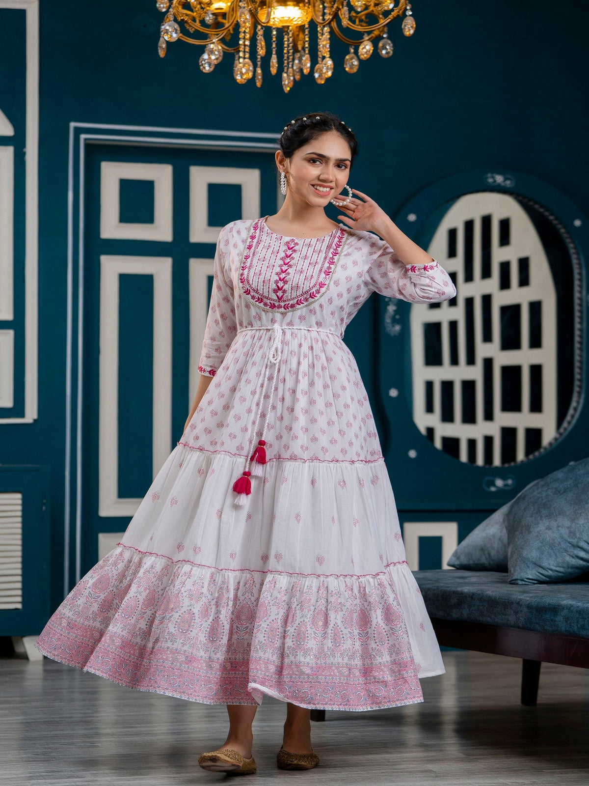 Rangvastra Pink Printed Malmal Long Gown