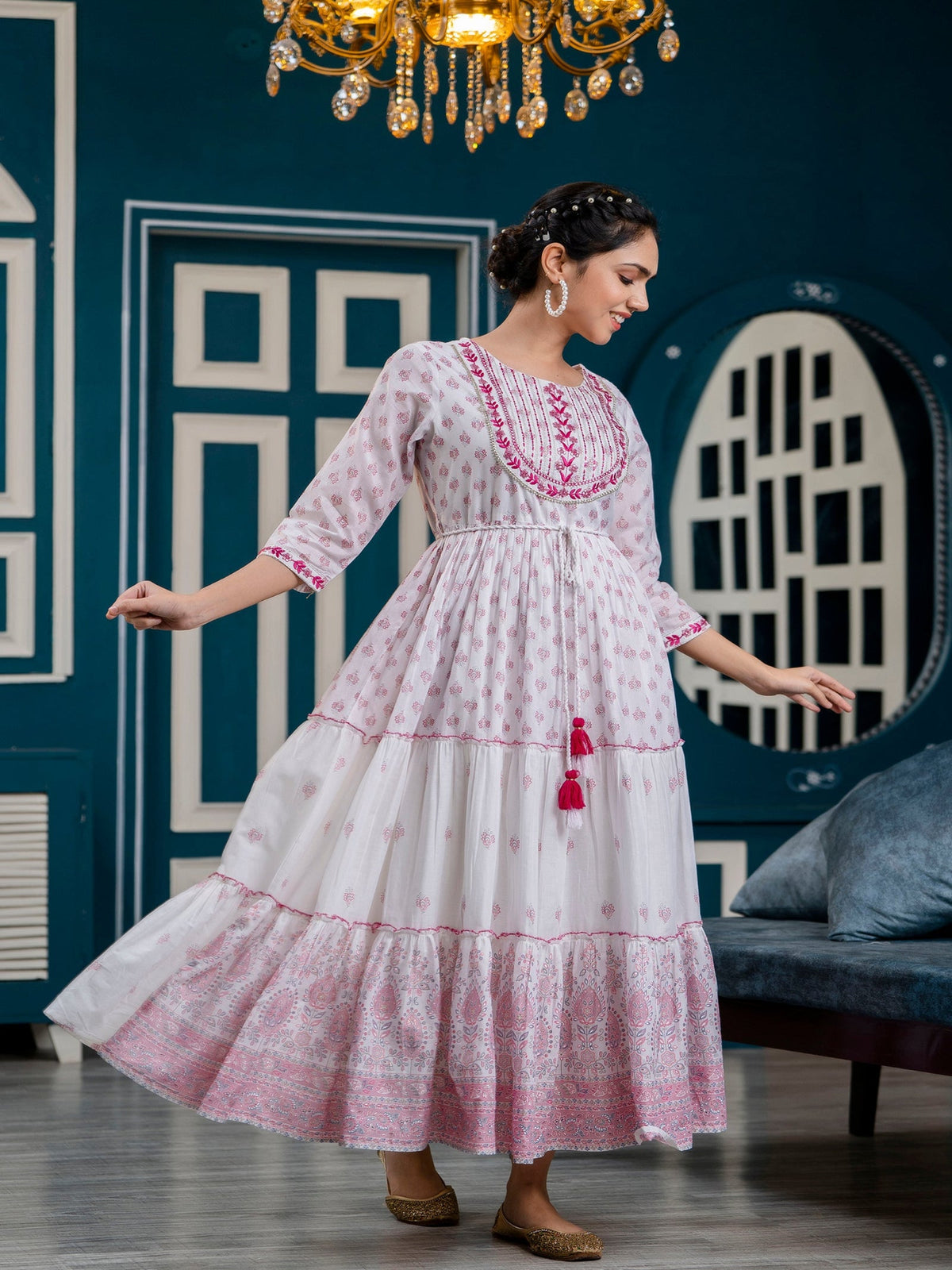 Rangvastra Pink Printed Malmal Long Gown