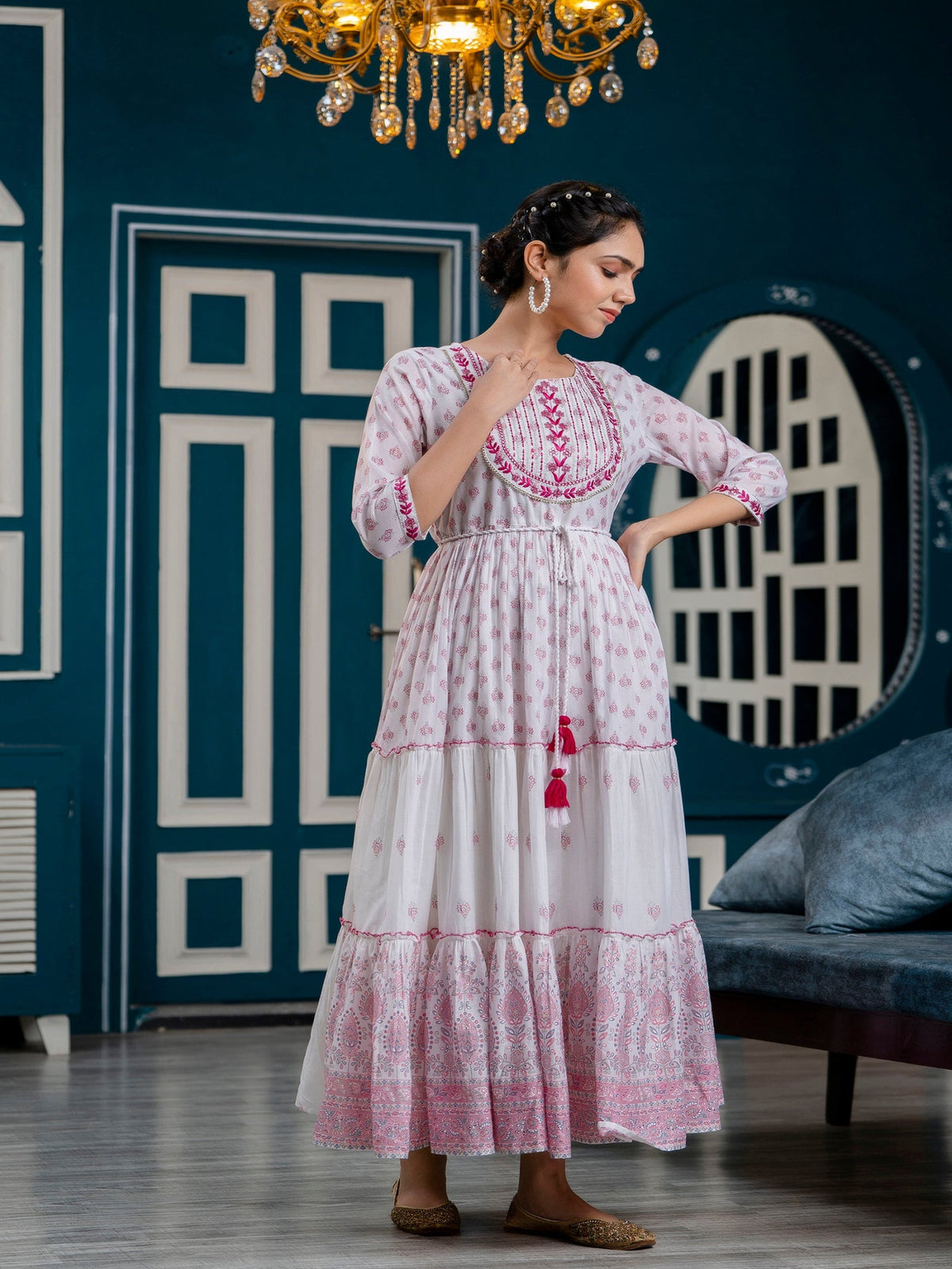 Rangvastra Pink Printed Malmal Long Gown