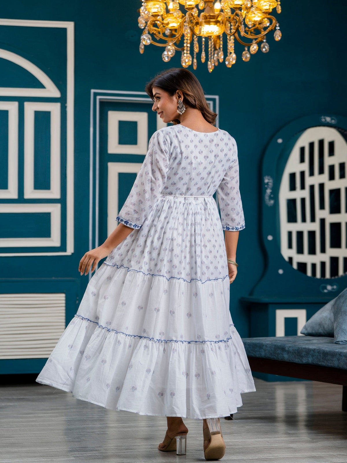 Rangvastra Blue Printed Malmal Long Gown