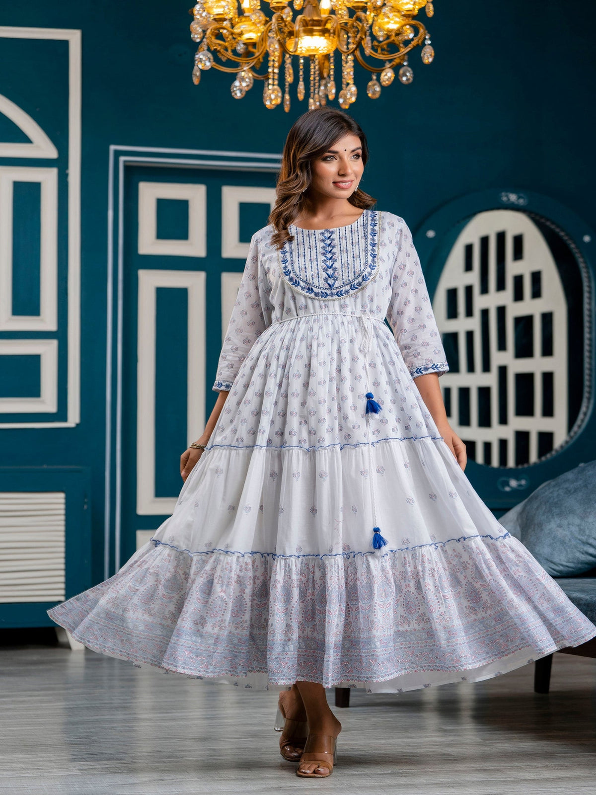 Rangvastra Blue Printed Malmal Long Gown