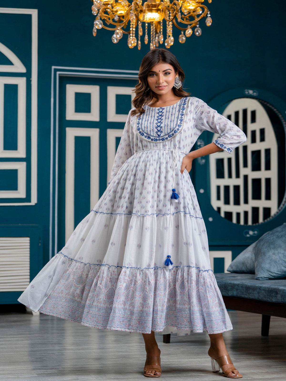 Rangvastra Blue Printed Malmal Long Gown
