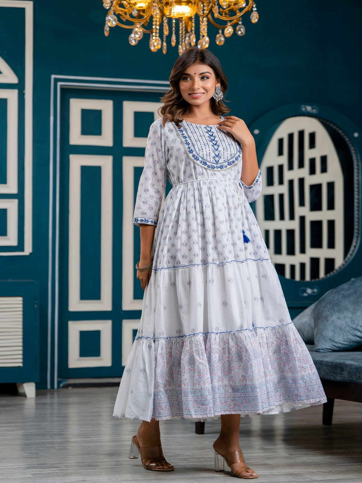 Rangvastra Blue Printed Malmal Long Gown